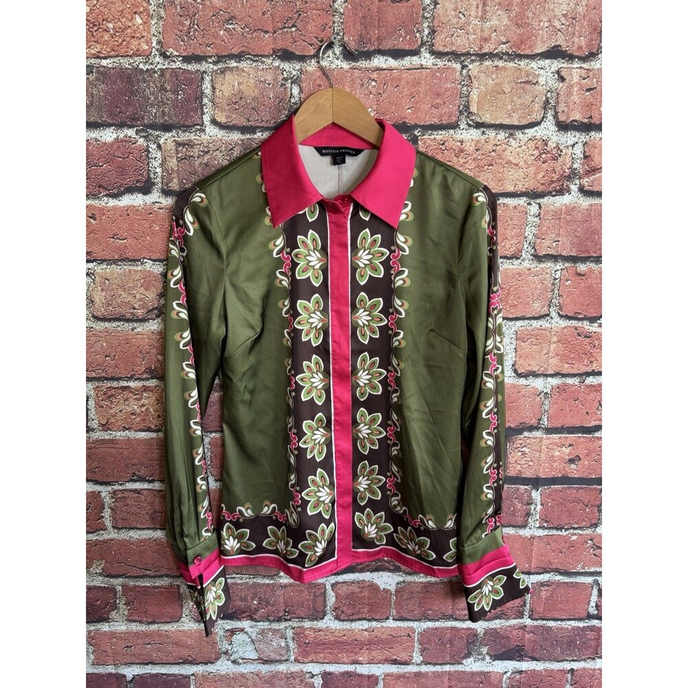 Boston Proper Womens Green Sophia Charmeuse Blouse Long Sleeve Size 4